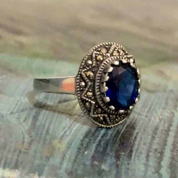 Vintage Maker OOP Sapphire Marcasite Sterling Silver Halo Statement Solitaire - Picture 3 of 4